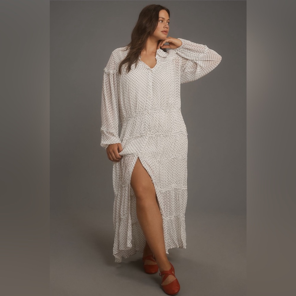 ✨ Anthropologie Long-Sleeve Smocked Tiered Maxi Dress Sz M - Picture 6 of 9